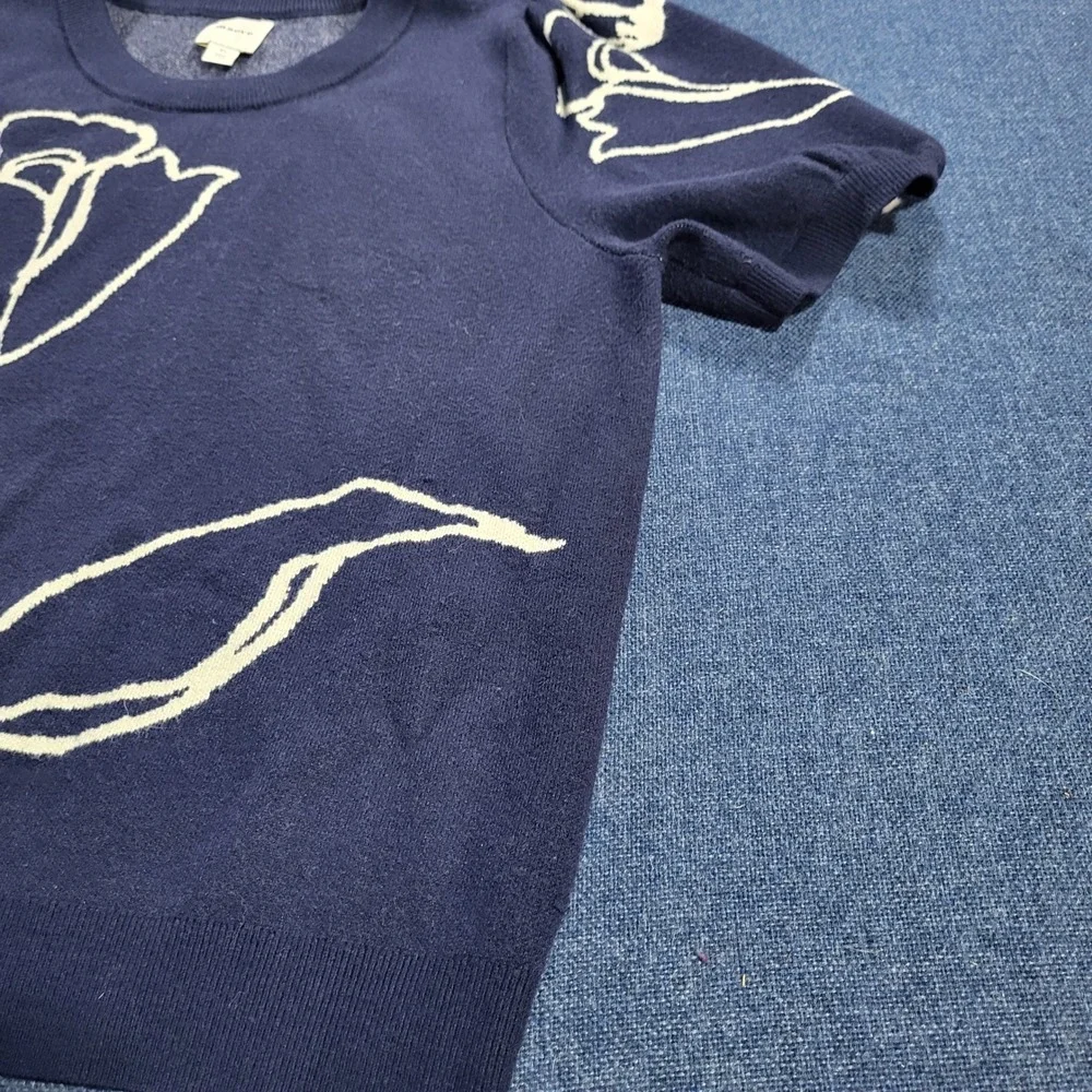 Maeve Anthropologie Maxine Puff-Sleeve Sweater Navy Blue Cream Floral Pattern XL - Picture 2 of 10